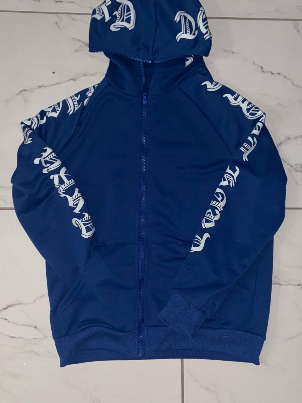 Navy Blue Zip-Up Hoodie with White Graphic Accents